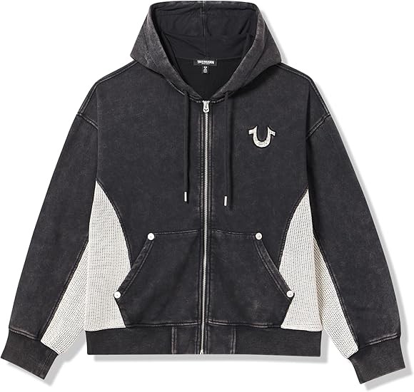 True Religion Men's Mesh-Panel Rust-Red Drawstring Zip-Up Hoodie – Full Zip-Up Sweatshirt with Mesh Panel